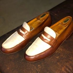 JW Weston Spectator Loafers with Cream Linen. High end French shoe Maker.